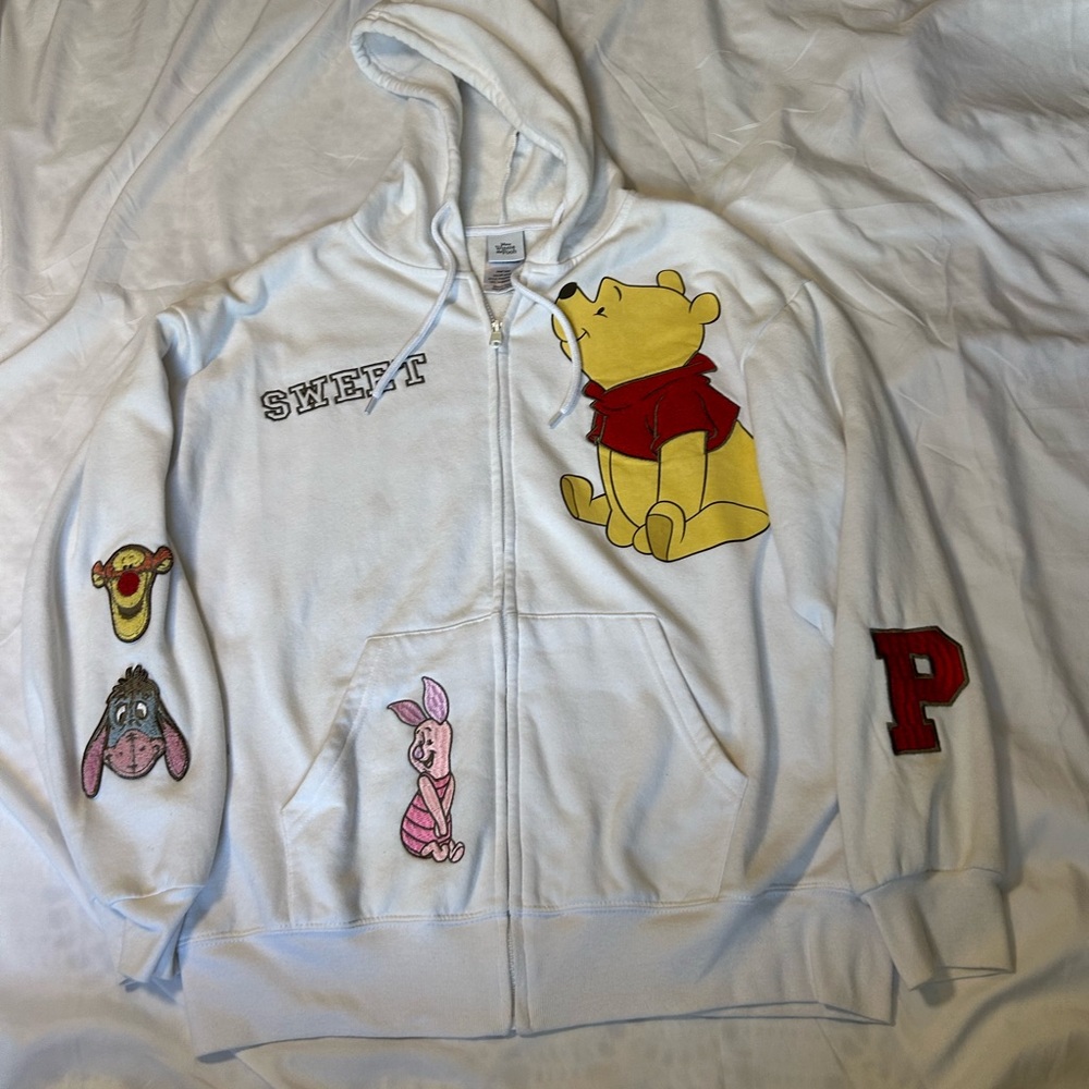 Winnie The Pooh Women's White Embroidered Full Zip Hoodie Jacket L